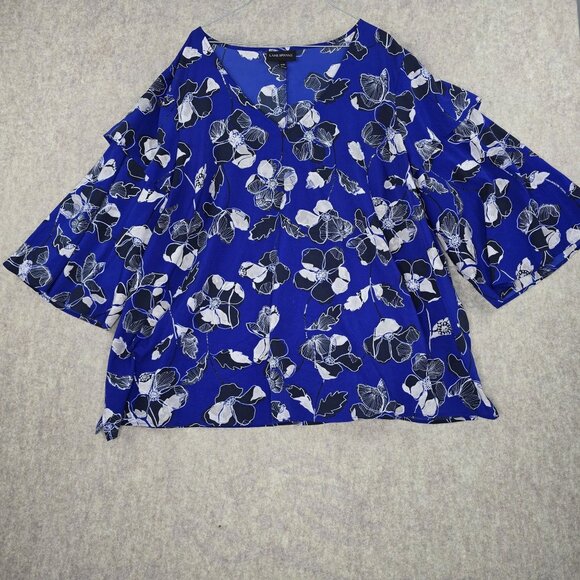 Lane Bryant Womens Floral Top Royal Blue Size 26/28 Polyester Bell Sleeve - Picture 1 of 9